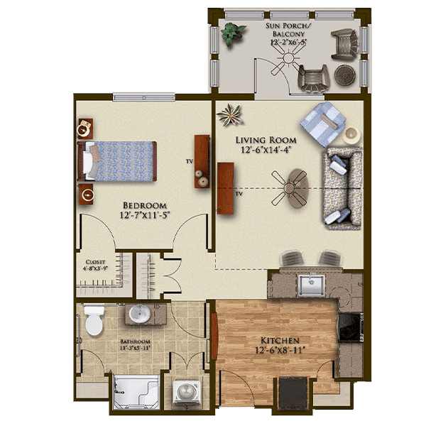 A floor plan of a one-bedroom apartment featuring a living room, kitchen, and bathroom.