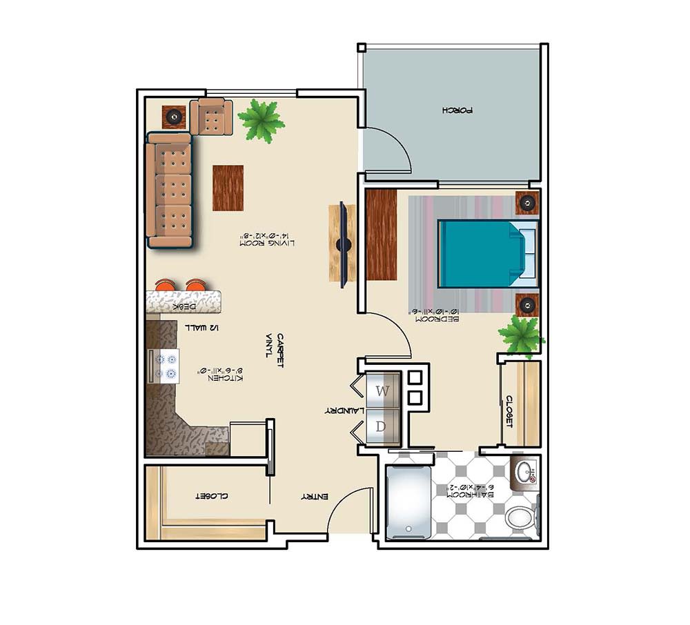 A 1-bedroom apartment floor plan with a living room, kitchen, bathroom, and balcony.
