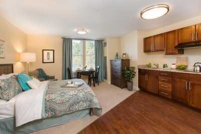 A cozy and modern bedroom interior featuring a bed, kitchenette, and dining area with natural light coming in through the window.