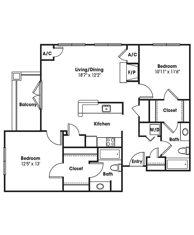 A two-bedroom apartment floor plan with a living/dining area, kitchen, two bathrooms, and a balcony.