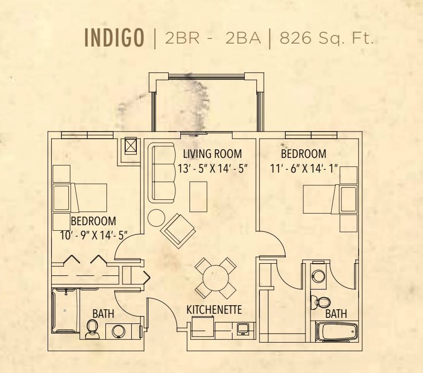 Indigo floor plan featuring a two-bedroom, one-bathroom layout spanning 821 sq. ft.