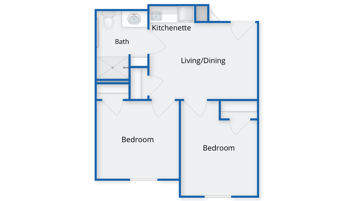 A floor plan of a two-bedroom apartment featuring a kitchenette, living/dining area, and a bathroom.