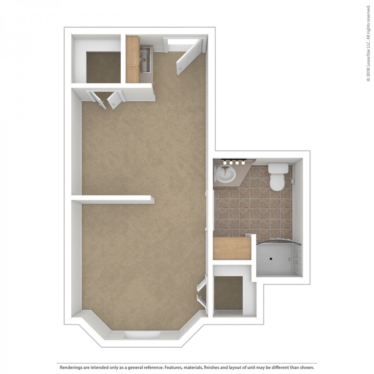 A floor plan of a studio apartment featuring a main living area and a separate bathroom.