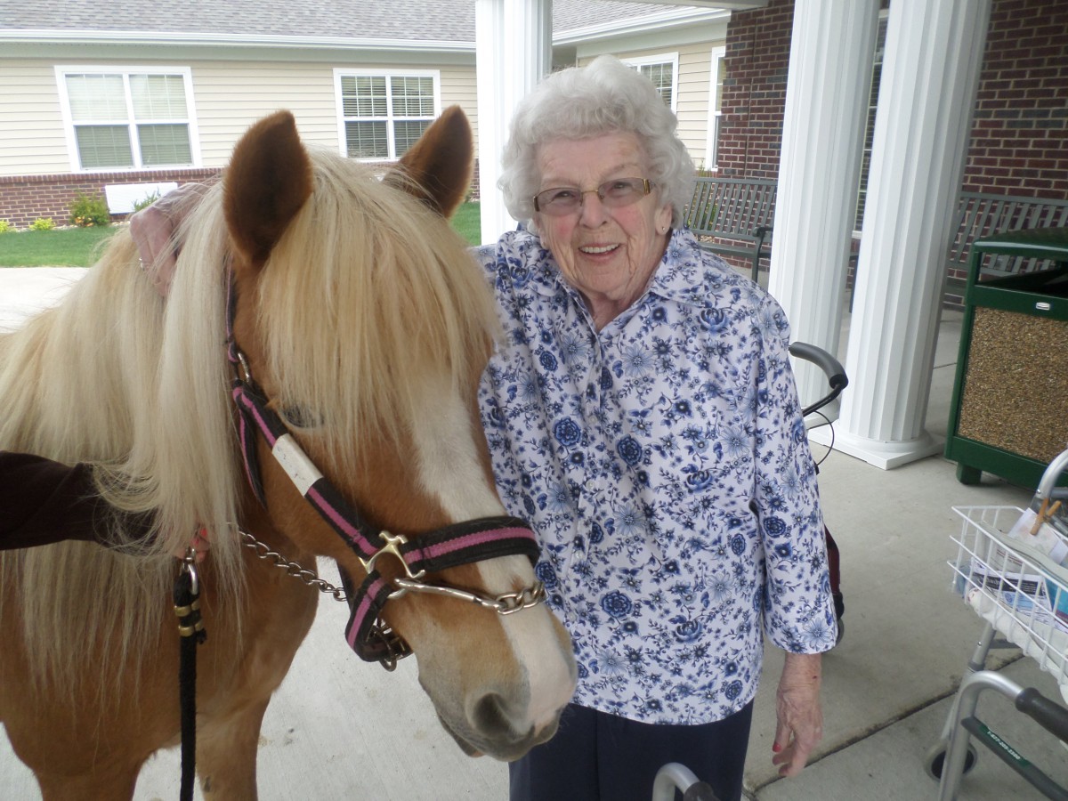 An elderly woman smiling while standing next to a horse outdoors.
