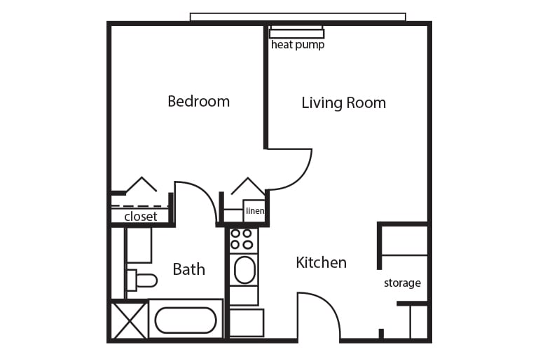 A floor plan of a one-bedroom apartment featuring a living room, kitchen, bathroom, and storage area.
