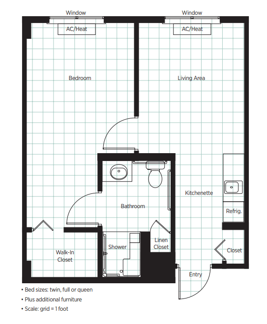 A detailed floor plan of a one-bedroom apartment featuring a living room, kitchen, bathroom, and closet space.