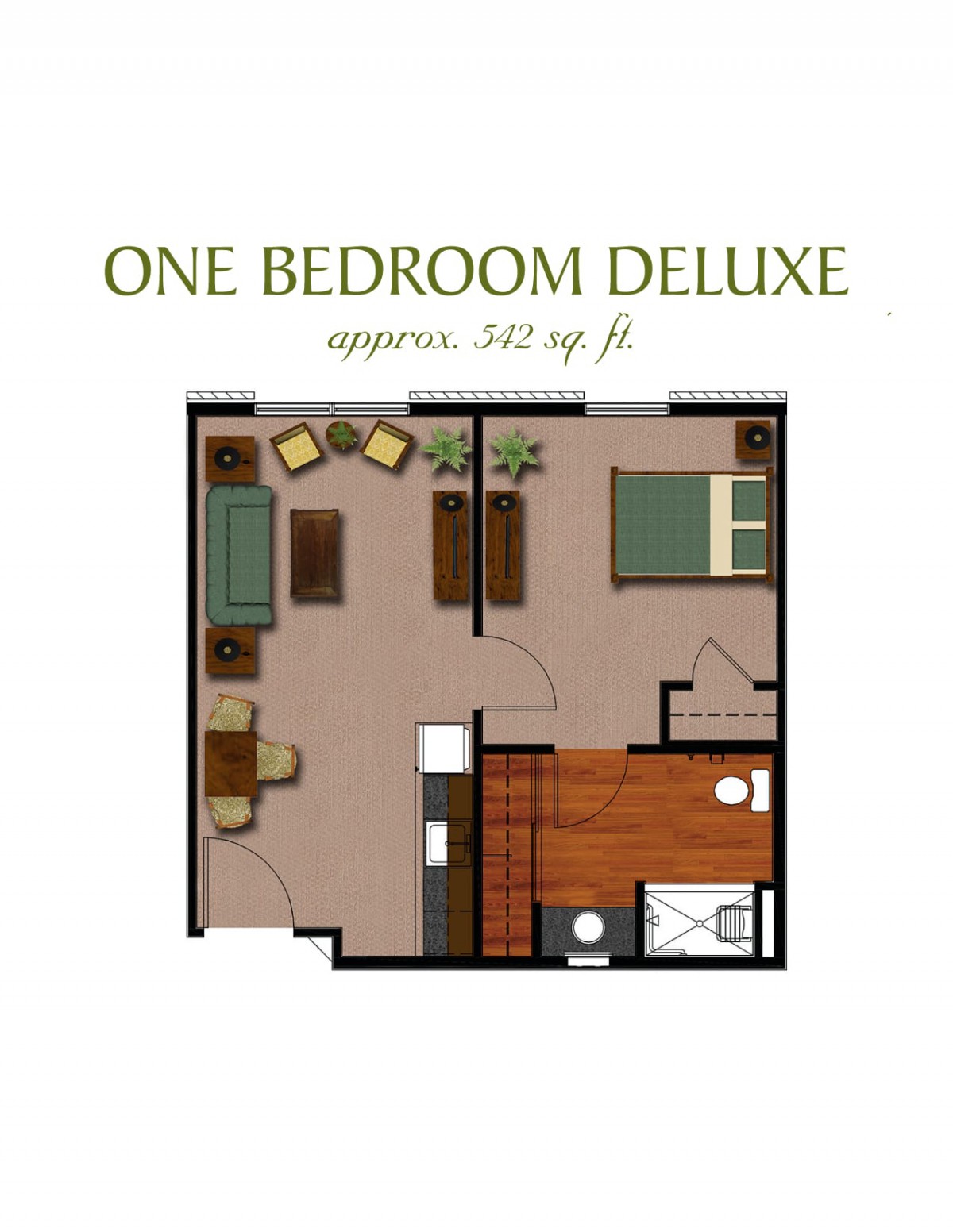 A floor plan of a one-bedroom deluxe apartment with an approximate size of 342 square feet.