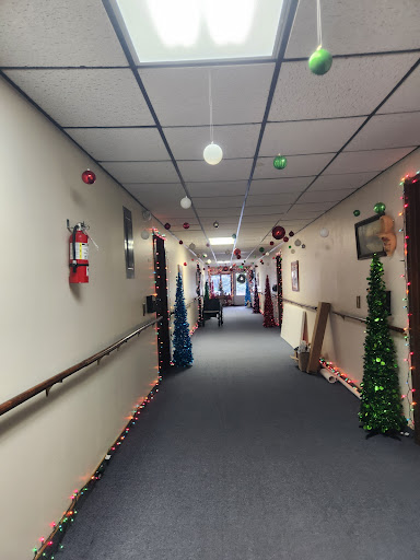 A decorated hallway for the Christmas season, featuring colorful lights and holiday decor.