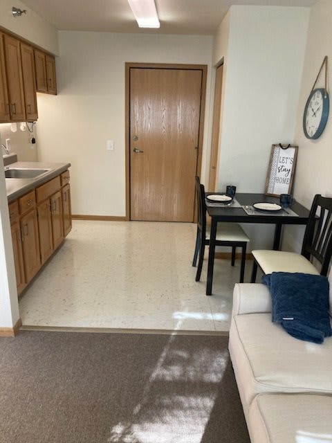 A cozy small apartment with an open kitchen, dining area, and living space.