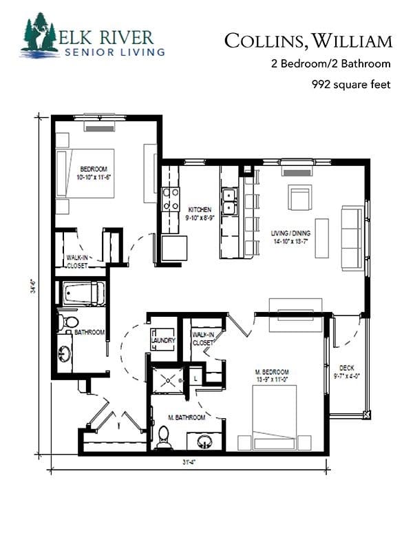 A detailed floor plan of a residential space covering 992 square feet.