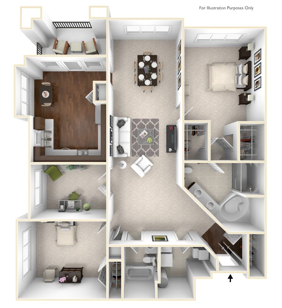 A detailed 3D floor plan of a modern home, showcasing various rooms including a kitchen, dining area, living room, and bedrooms.