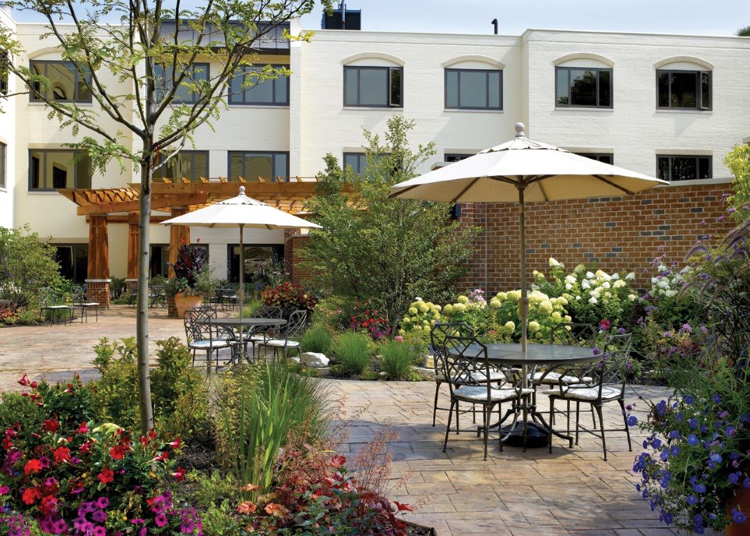 A beautifully landscaped garden patio with tables and chairs under large umbrellas.