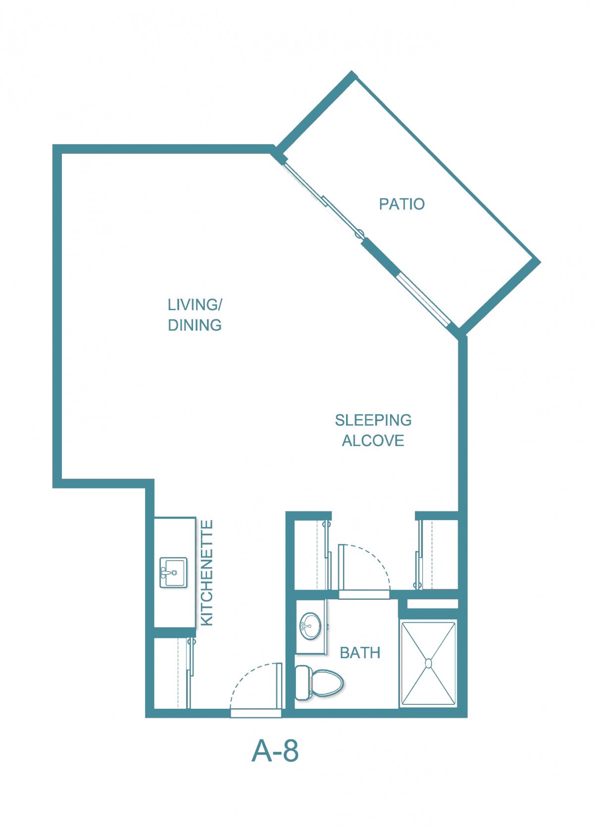 A floor plan of a studio apartment featuring a living/dining area, a sleeping alcove, a kitchenette, and a bathroom with access to a patio.