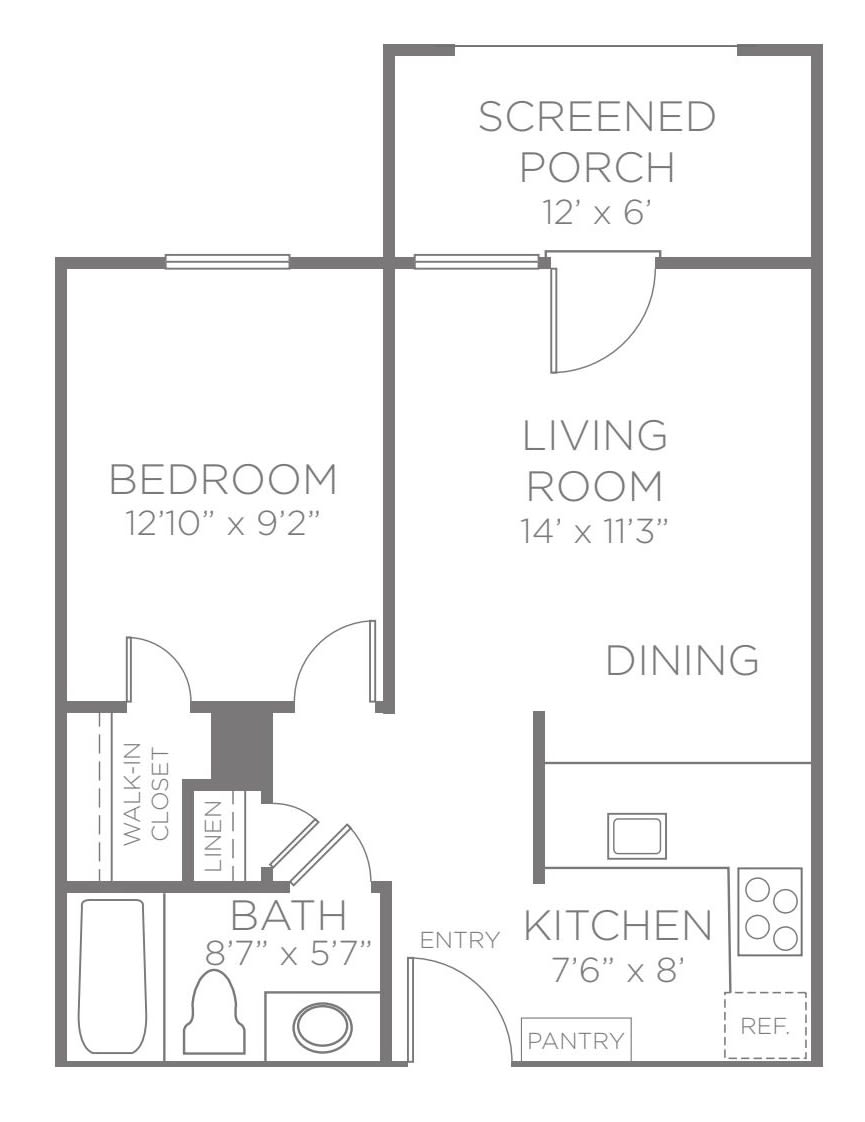 A floor plan of a one-bedroom apartment with a living room, kitchen, bathroom, and enclosed porch.