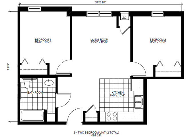 A floor plan of an apartment showing the layout of rooms and dimensions.