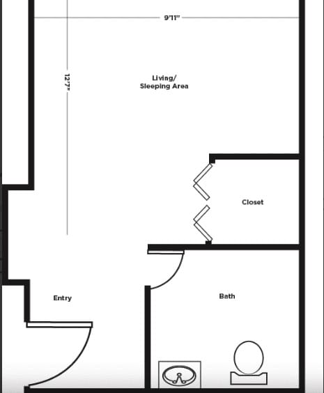 A simple floor plan layout featuring a living/sleeping area, kitchen, bathroom, and closet.