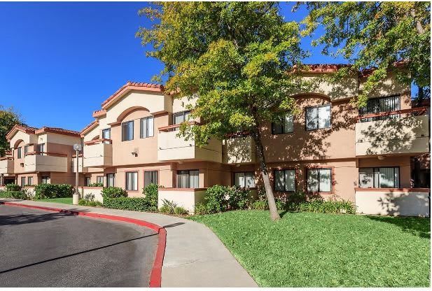 A sunny day at a residential apartment building with a tree and grassy lawn.