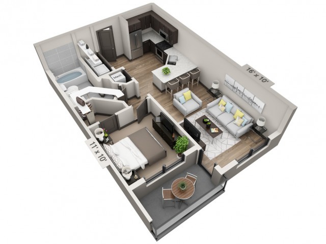 A 3D rendered floor plan of a modern two-bedroom apartment with an open living area and kitchen.