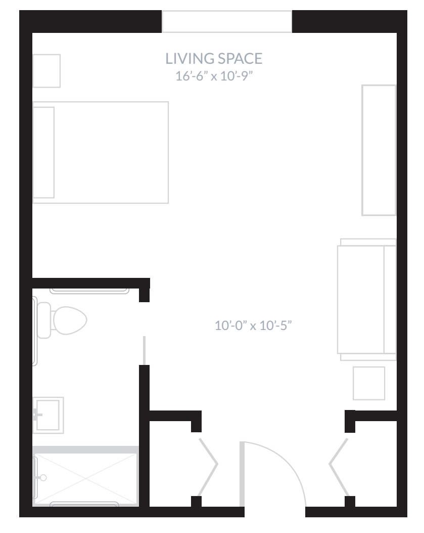 A simple floor plan of an apartment showing a living space and bathroom layout.