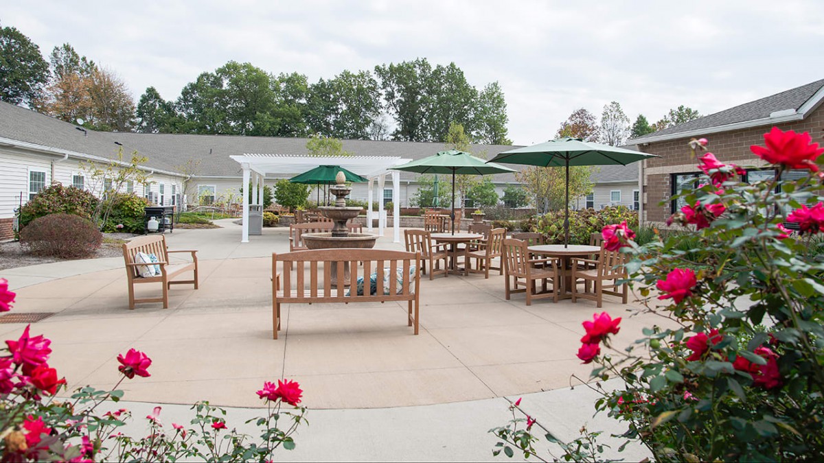A serene patio area with wooden tables and umbrellas, surrounded by blooming roses and lush greenery.