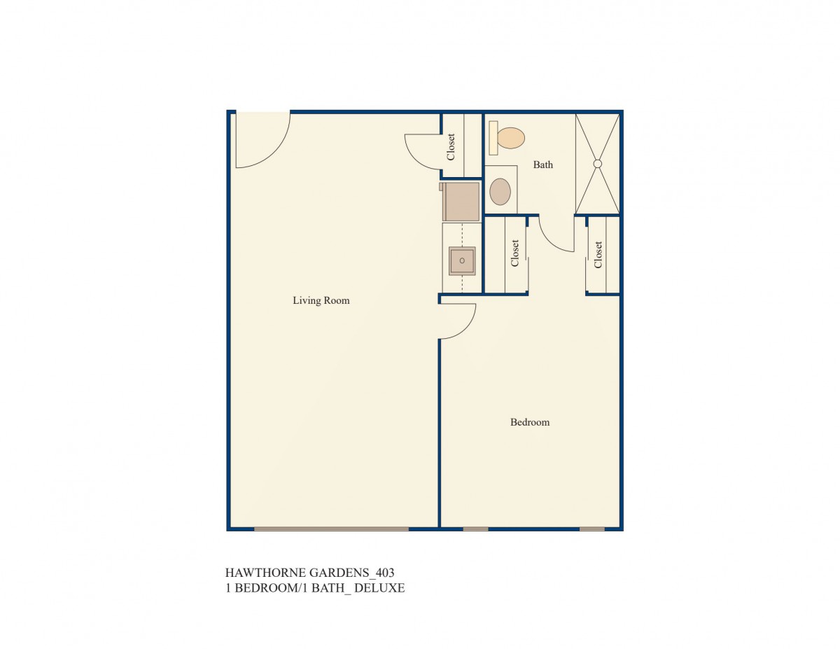 A schematic floor plan of a one-bedroom apartment, featuring a living room, kitchen, and bathroom.