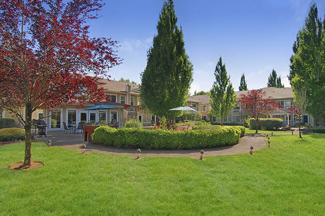 A beautifully landscaped garden with a lush lawn, surrounded by trees and a house in the background.