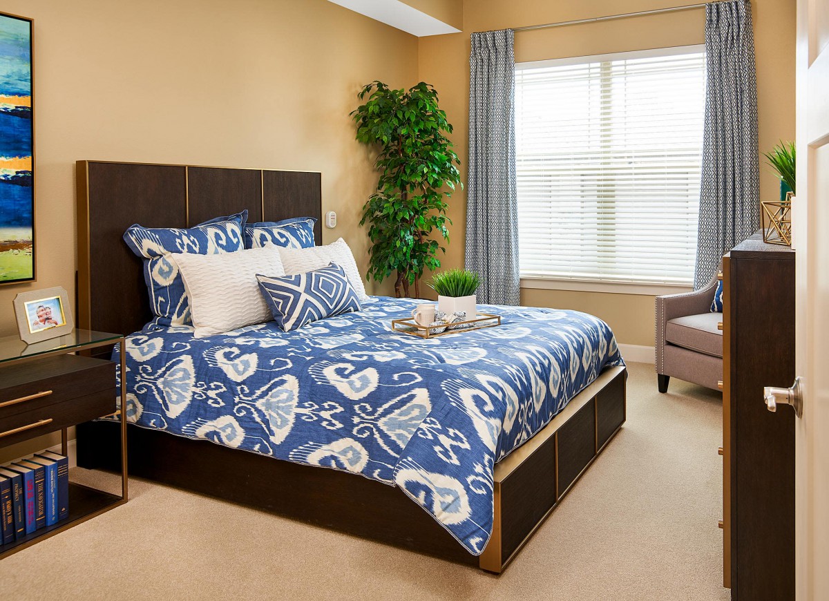 A well-decorated bedroom featuring a bed with blue patterned bedding, a plant, and natural light streaming through the window.
