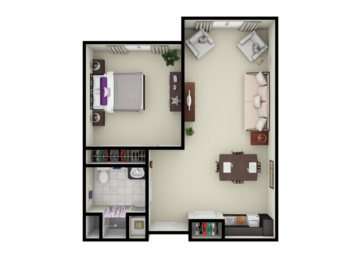 A one-bedroom apartment floor plan with a living room, kitchen, and bathroom.