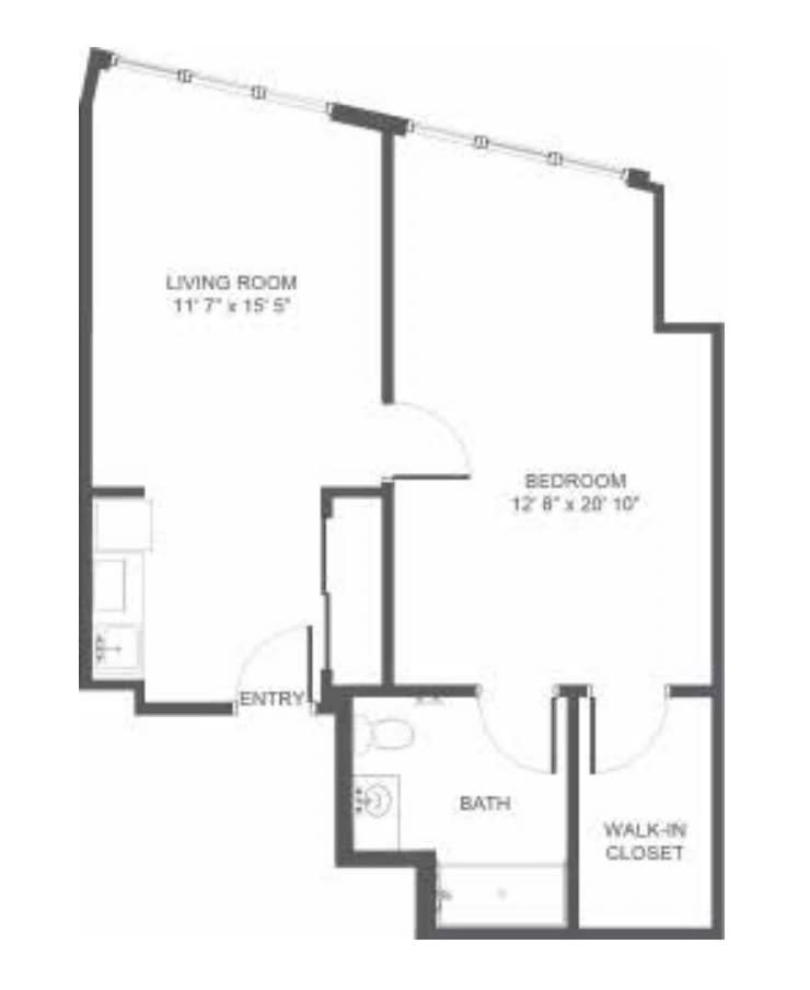 One-bedroom apartment floor plan with labeled living and sleeping areas.