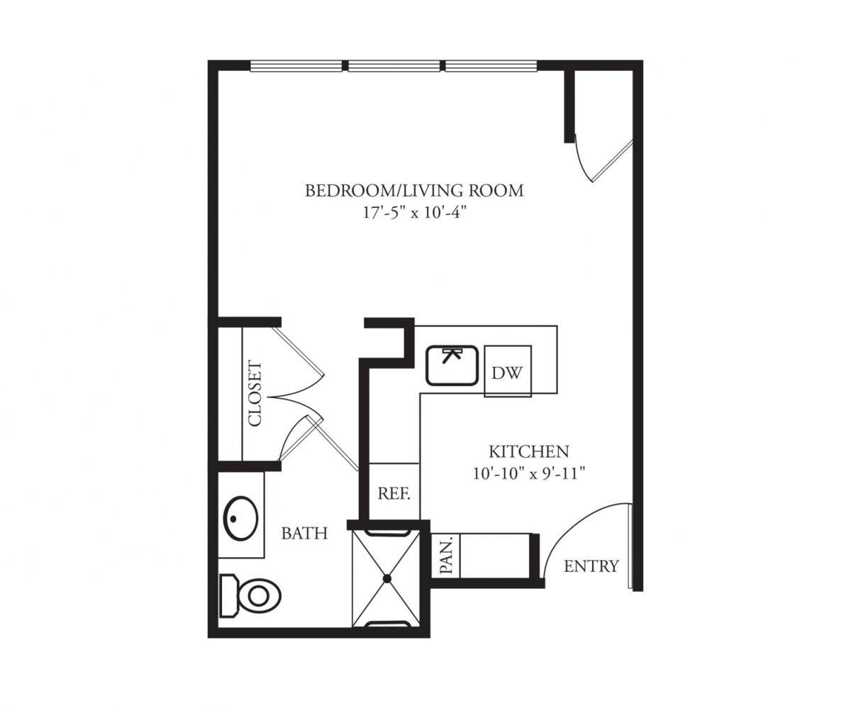 A floor plan of a studio apartment featuring an open bedroom-living area, kitchen, and bathroom.