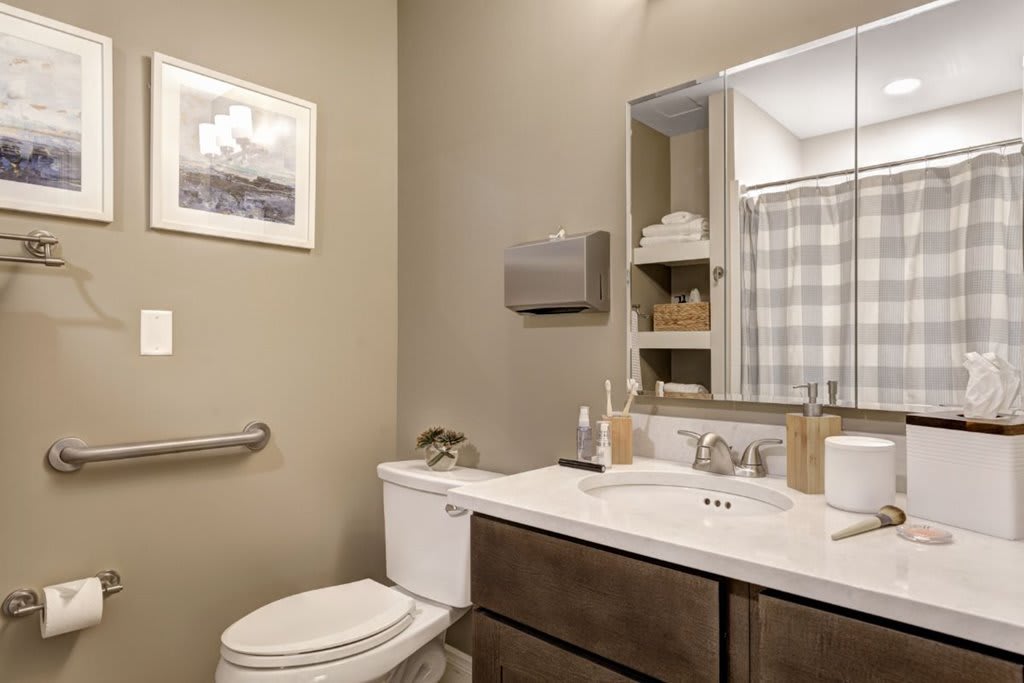 A modern bathroom with a toilet, sink, mirror, and shower curtain.