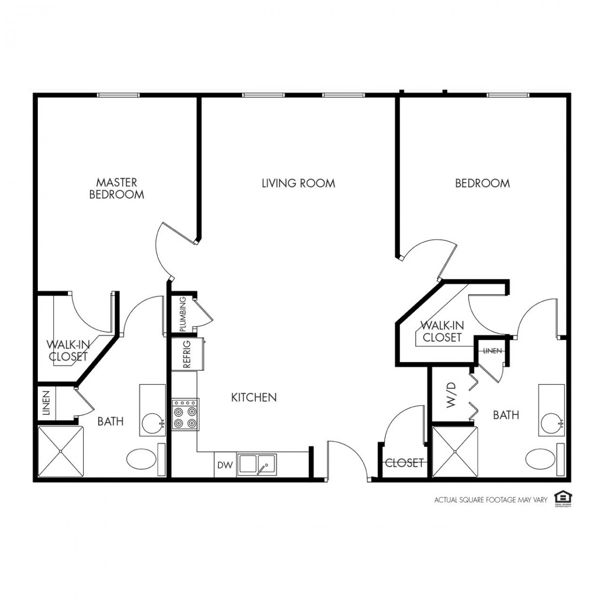 A floor plan showing the layout of a two-bedroom apartment with labeled rooms and bathrooms.