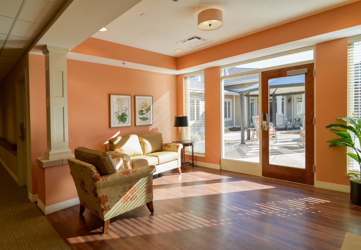 A cozy living room with a sofa and armchair, bathed in natural light from large windows.
