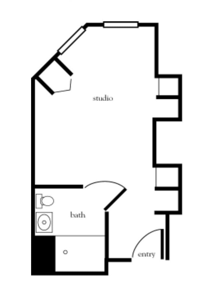 Floor plan of a studio apartment with a bathroom and entryway.