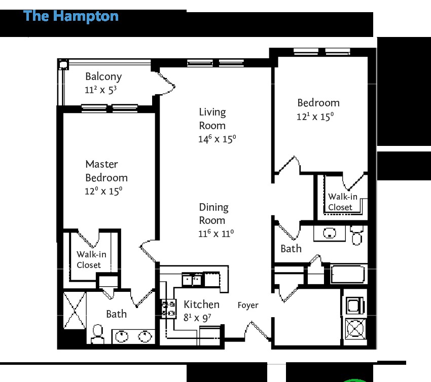 A floor plan for a two-bedroom apartment, labeled 'The Hampton', featuring a master bedroom, living room, dining room, kitchen, and two bathrooms.