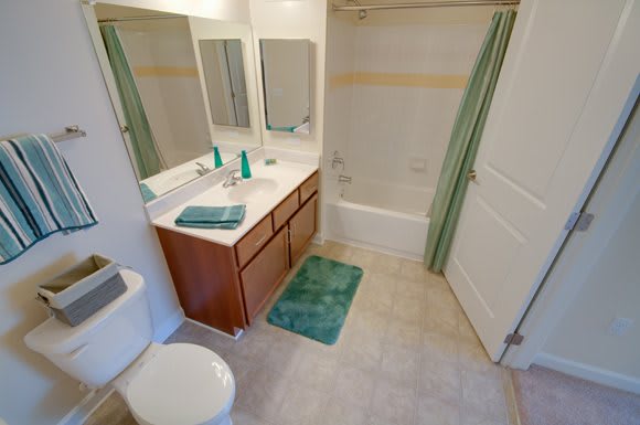 A clean and organized bathroom with a sink, mirror, bathtub, and toilet.
