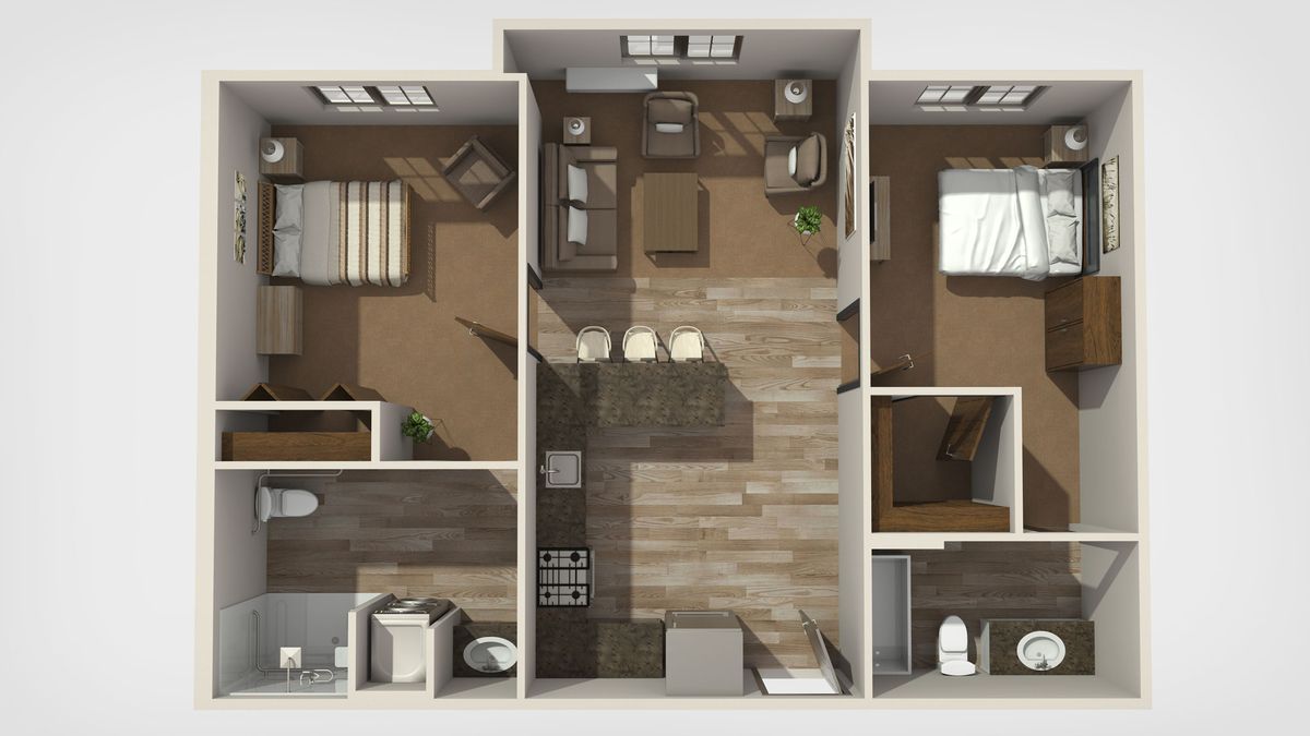 A 3D floor plan of a two-bedroom apartment with a central living area and kitchen.
