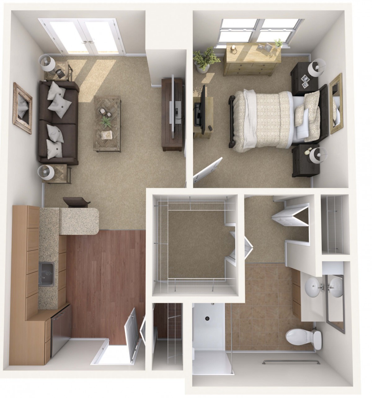 A compact one-bedroom apartment floor plan featuring a living room, kitchen, bedroom, and bathroom.