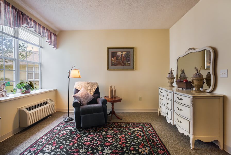 A cozy living room corner with an armchair, rug, and dresser.