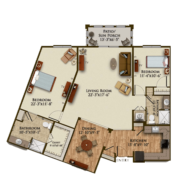 A floor plan of a three-bedroom apartment with a living room, kitchen, and balcony.