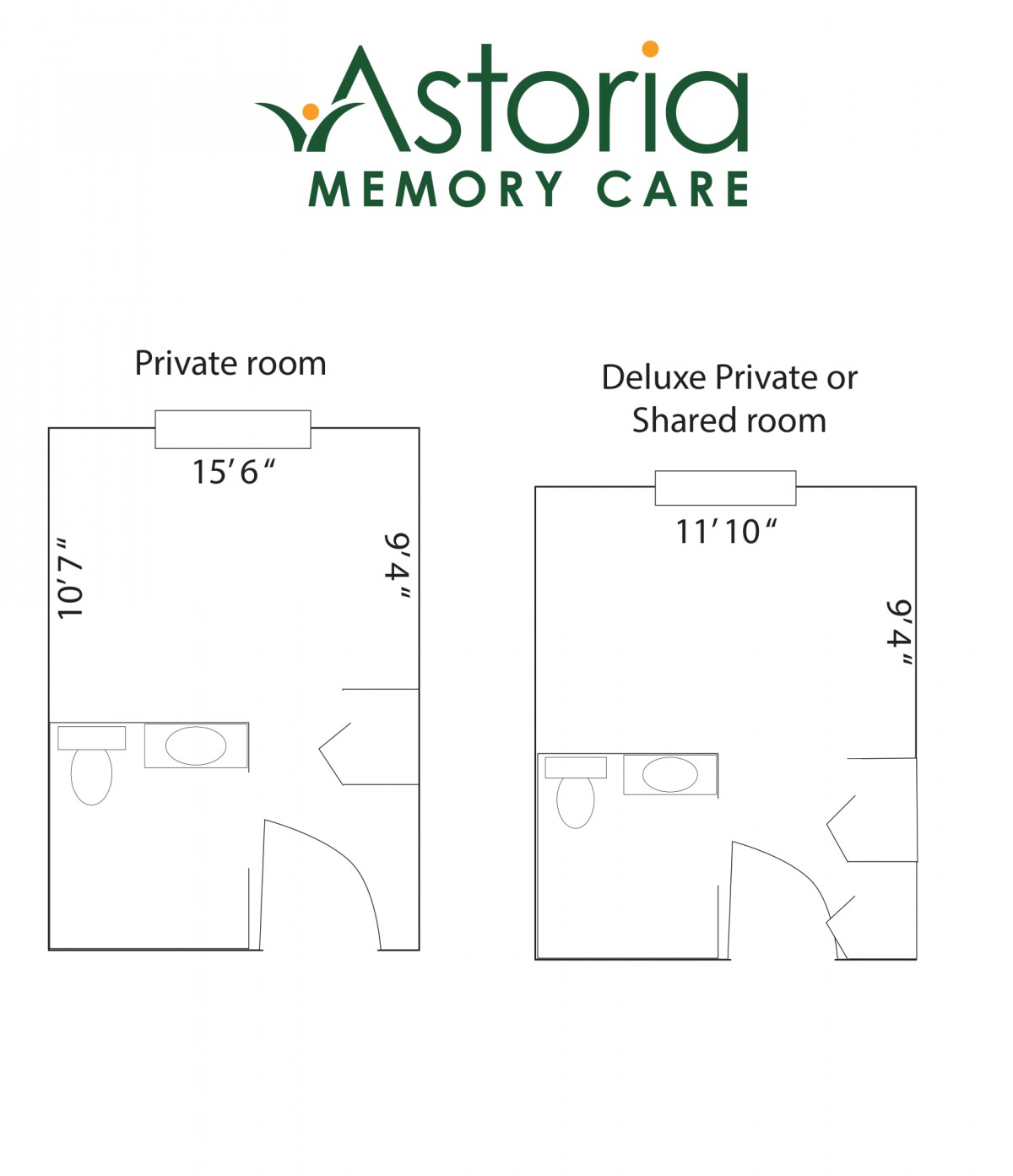 Floor plans for private and deluxe private/shared rooms at Astoria Memory Care.