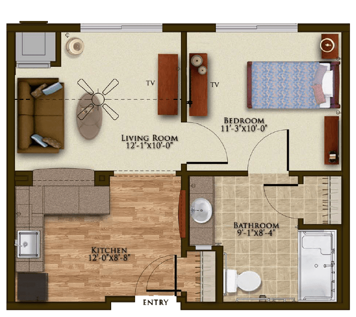 A detailed floor plan of a one-bedroom apartment with designated areas for the living room, kitchen, and bathroom.