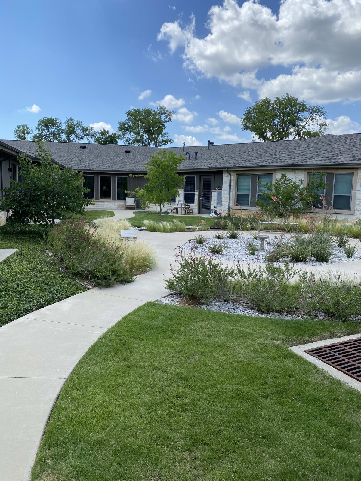 A modern house with well-maintained landscaping and a garden path.