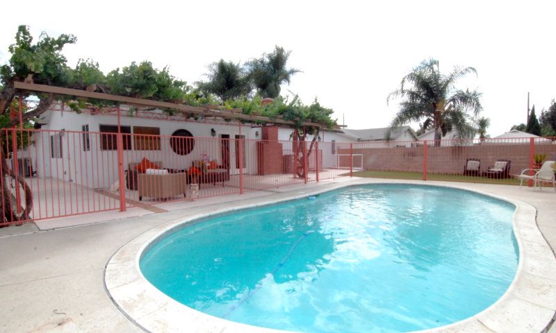 A backyard with a swimming pool and patio area surrounded by palm trees.