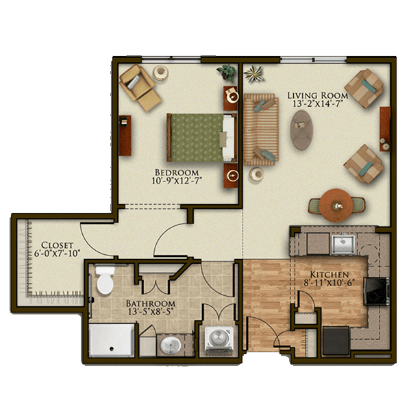 A floor plan of a one-bedroom apartment featuring a living room, kitchen, and bathroom.