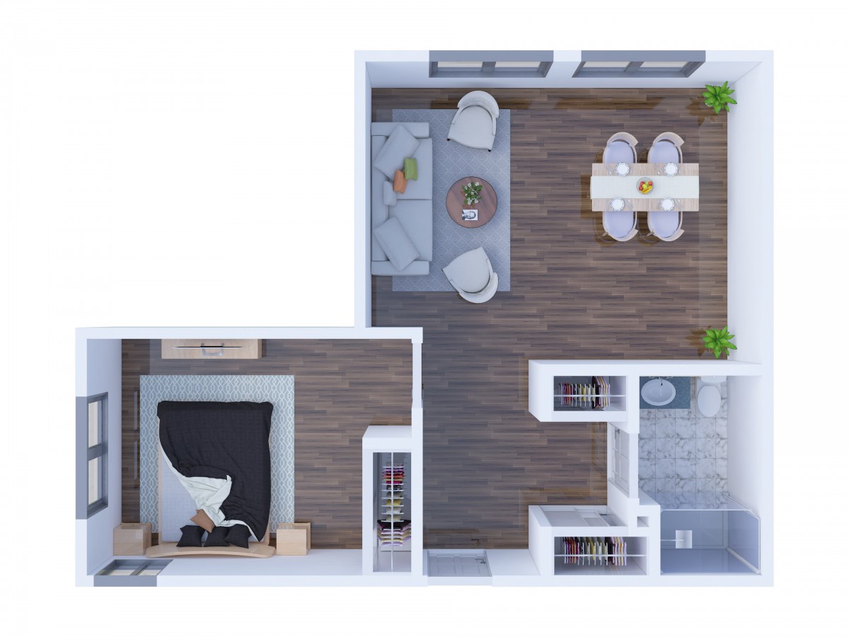 A modern floor plan featuring a combined living and dining area with stylish furnishings.