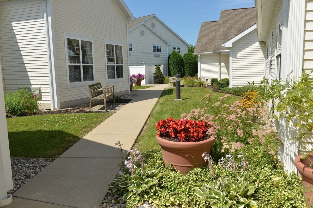 A landscaped garden with flower pots and a pathway between residential houses.