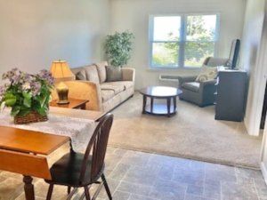 Spacious living room with a sofa, coffee table, and large window providing natural light.