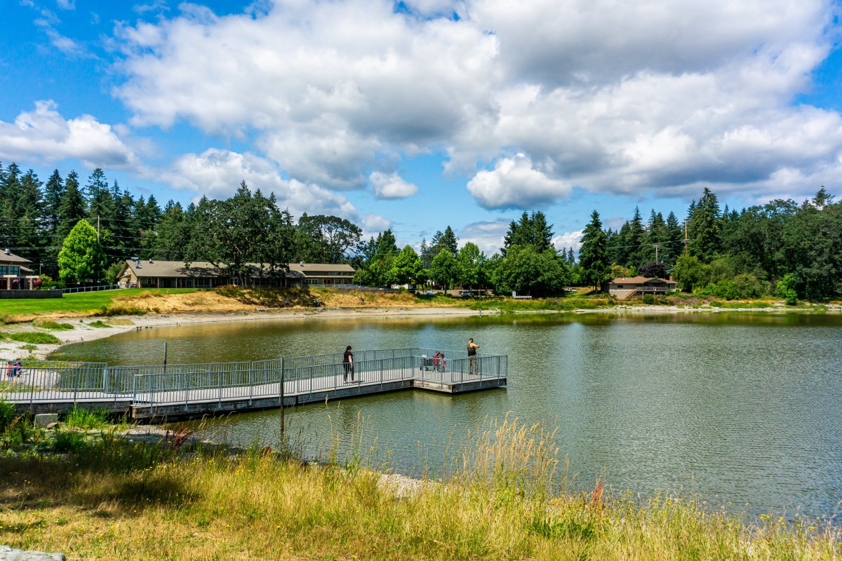 A scenic view of a tranquil lake with a dock, surrounded by trees and under a partly cloudy sky.