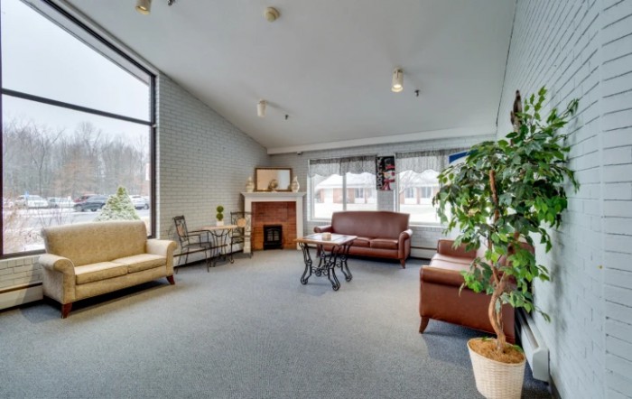 A cozy living room with sofas, a coffee table, and a fireplace, bathed in natural light from large windows.